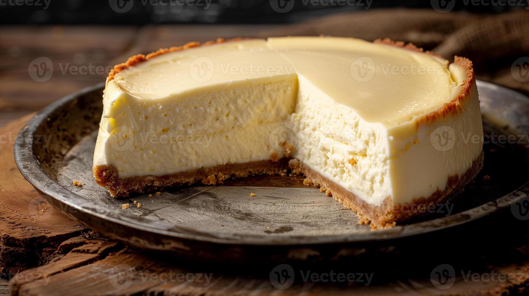 Whole frozen cheesecake with visible cross-section showing thick crust and smooth filling, photorealistic food photo