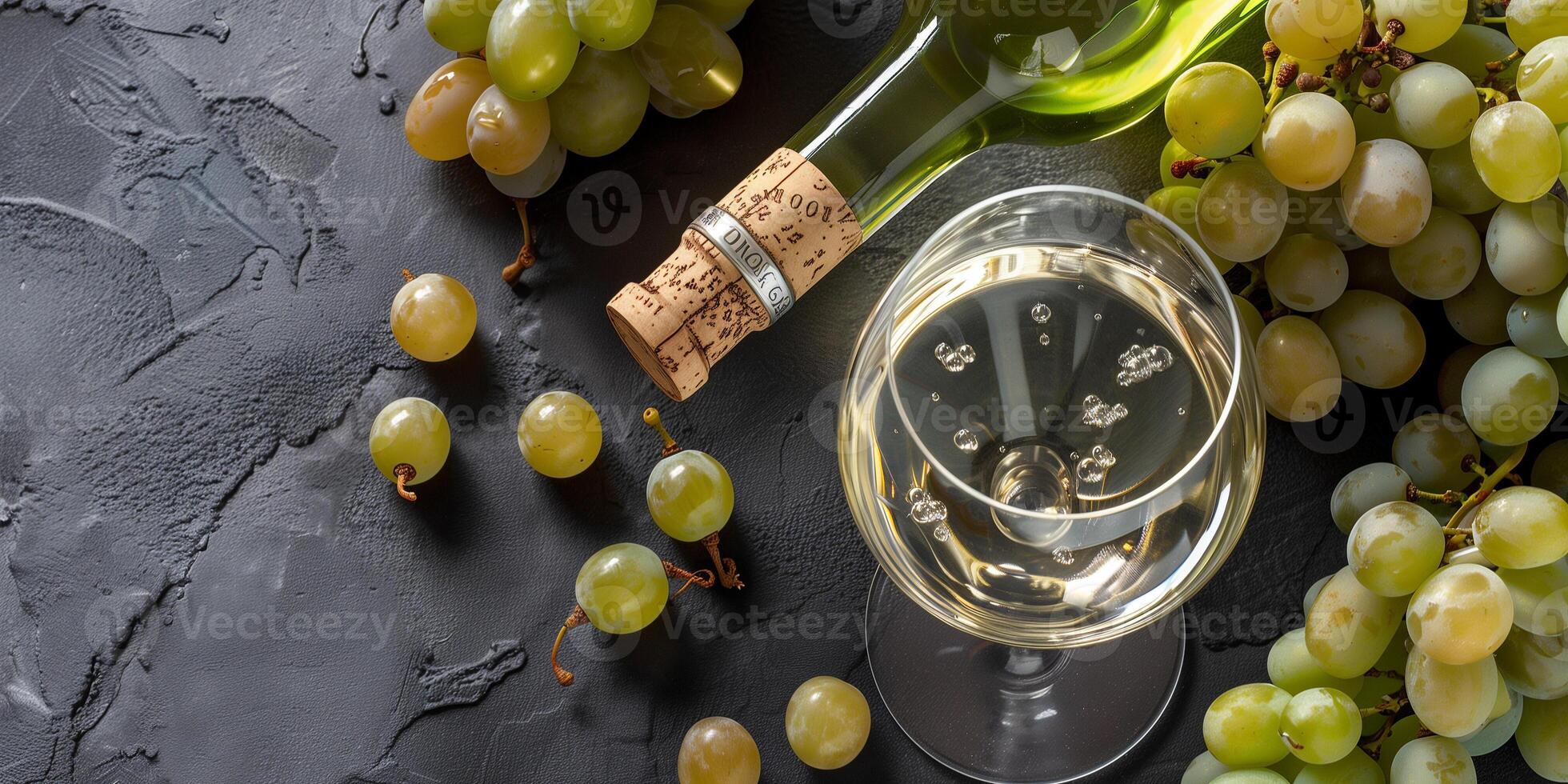 Wine glass containing white wine, with an uncorked bottle and scattered grapes nearby, photorealistic food photo
