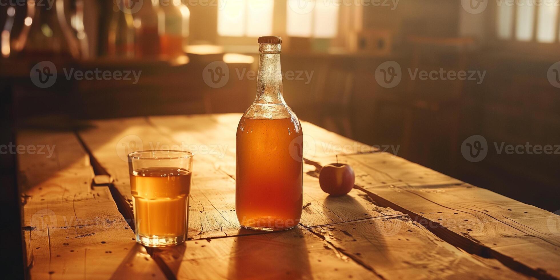 Bottle of spiced apple cider on a wooden table, with a matching glass, in a softly lit room, photorealistic food photo