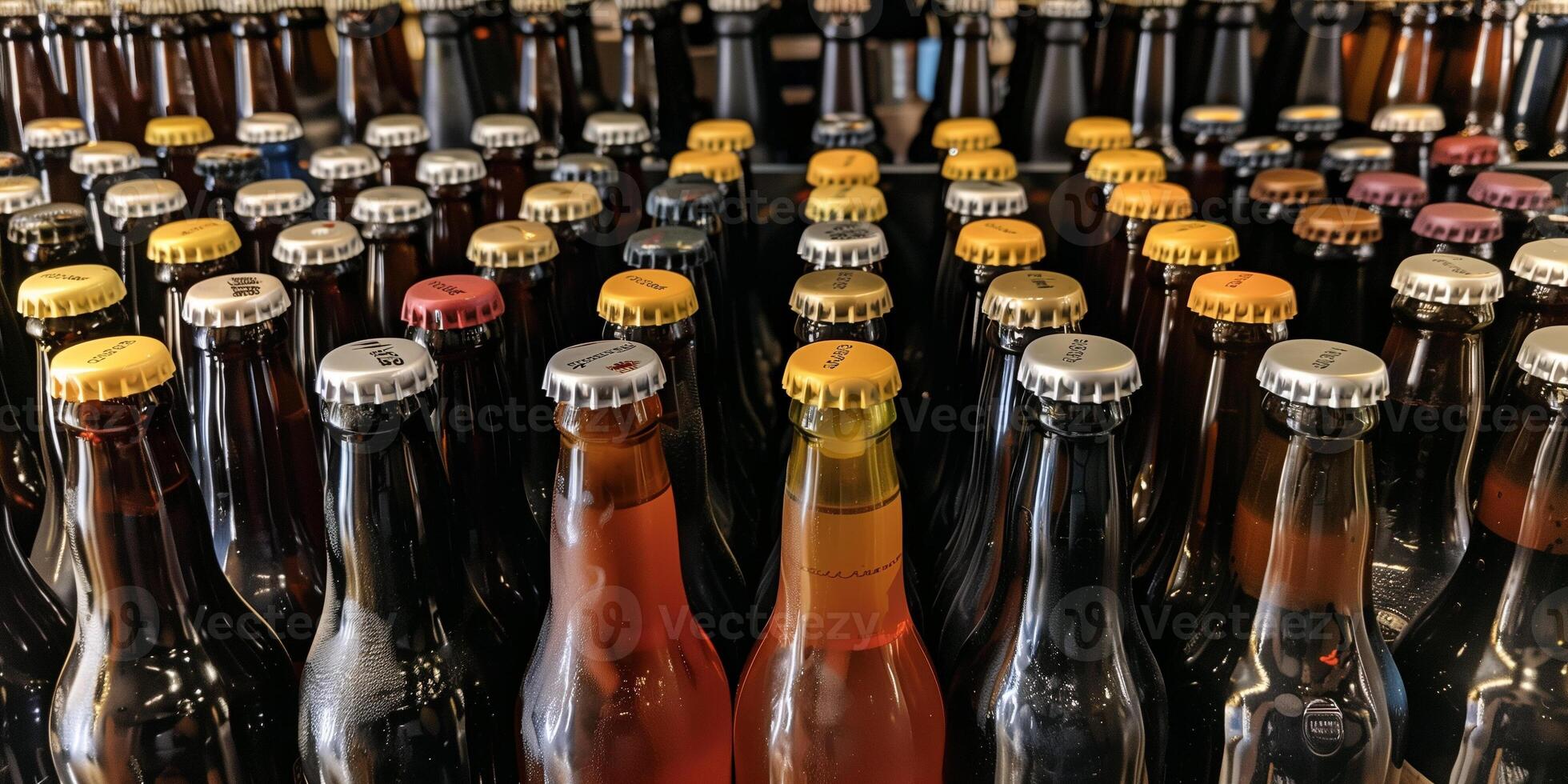 Bottles of ale beer in various shades of brown, displayed in a neat row, gastronomy photography photo