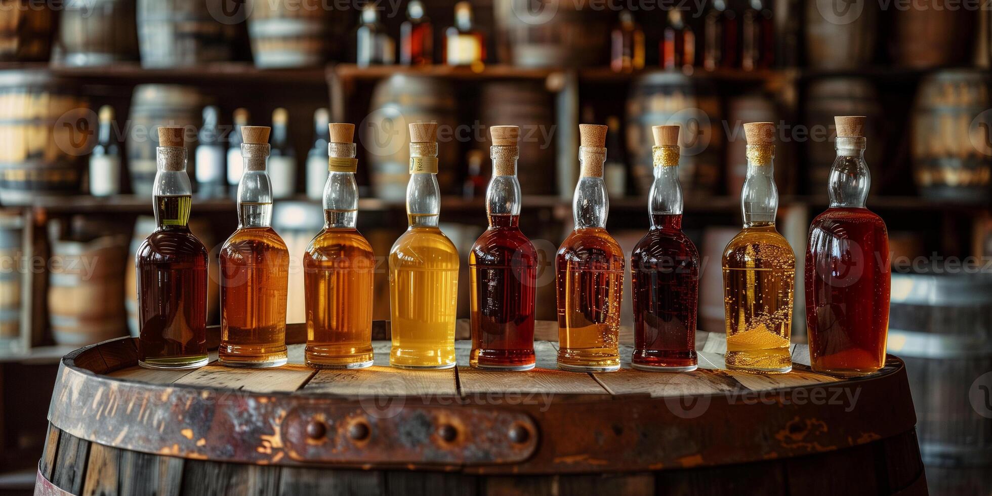 Bottles from a craft distillery arranged on a rustic wooden barrel, photorealistic food photo