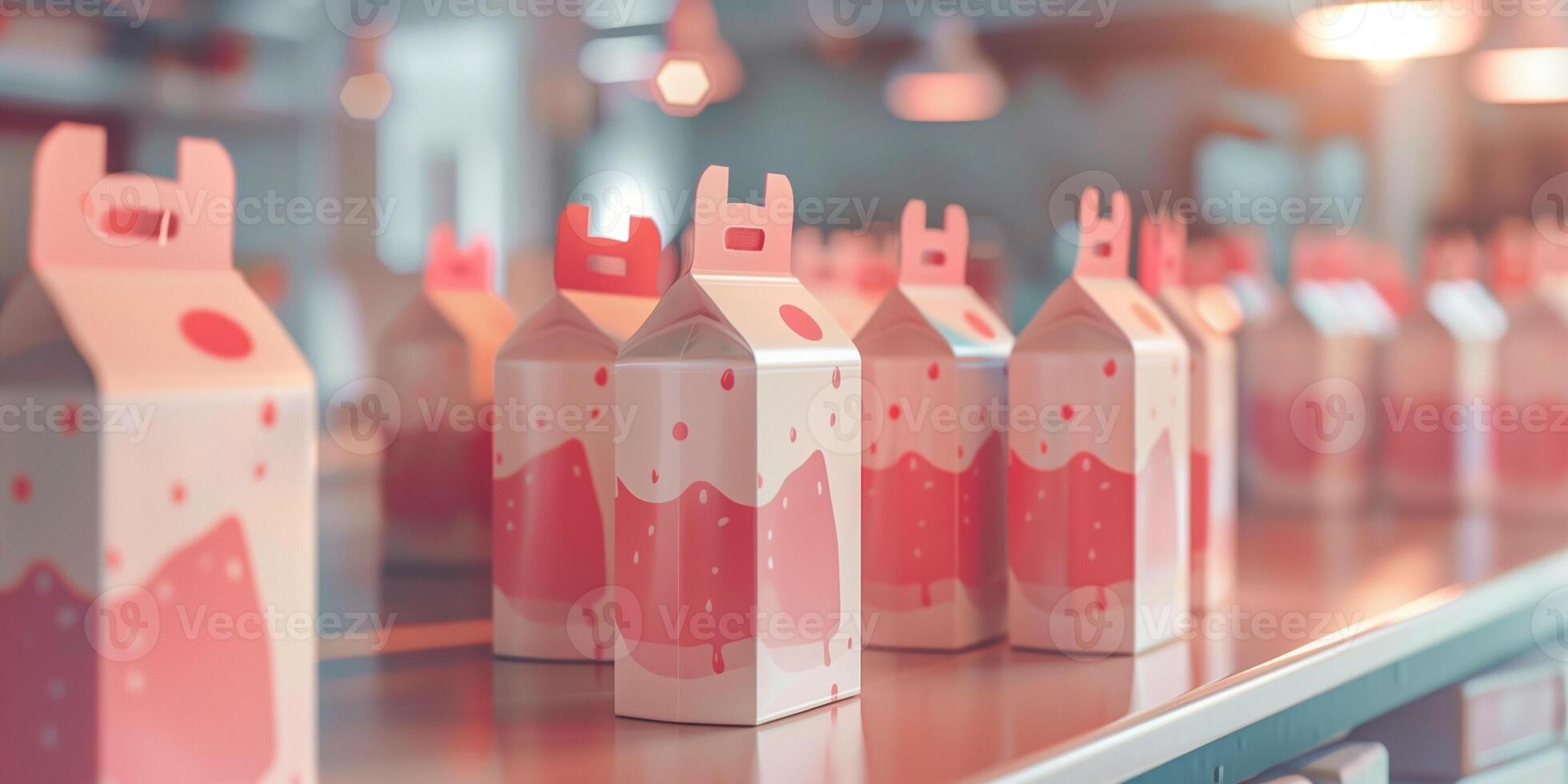 Collection of cartons with chocolate and strawberry flavored milk, neatly arranged on a table, photorealistic food photo