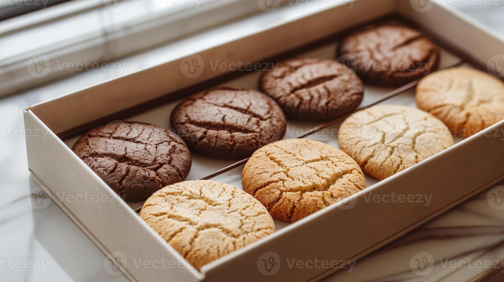 Cookies in a small open rectangular box with a simple design, photorealistic food photo