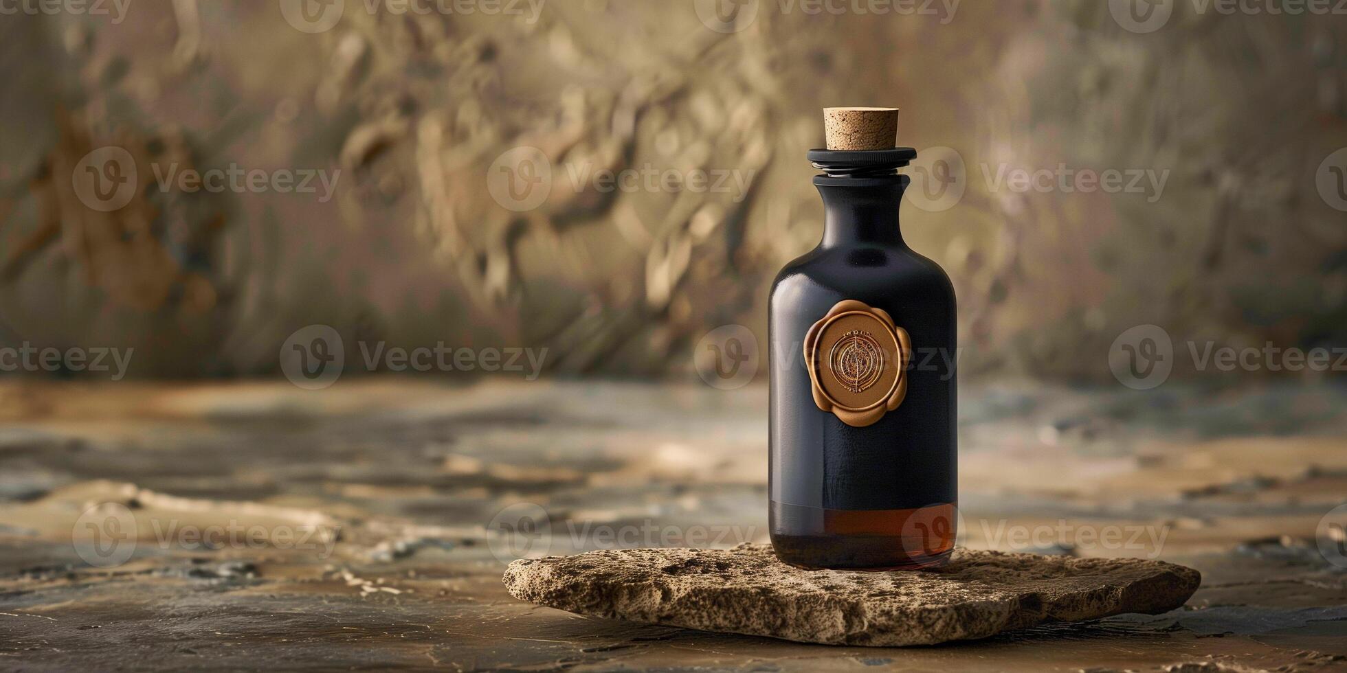 Craft distillery bottle with wax seal, on a polished stone surface, photorealistic food photo