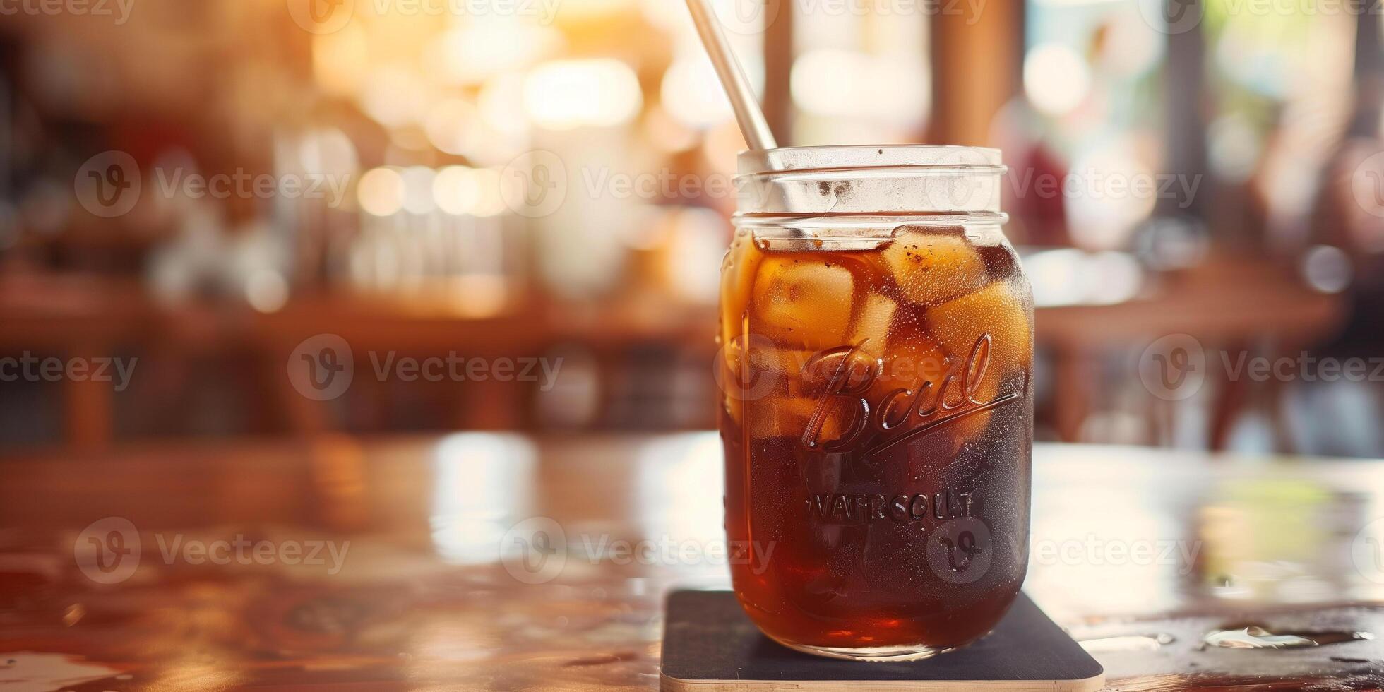 Cold brew coffee in a mason jar with a lid on a wooden surface with coffee beans around, gastronomy photography photo