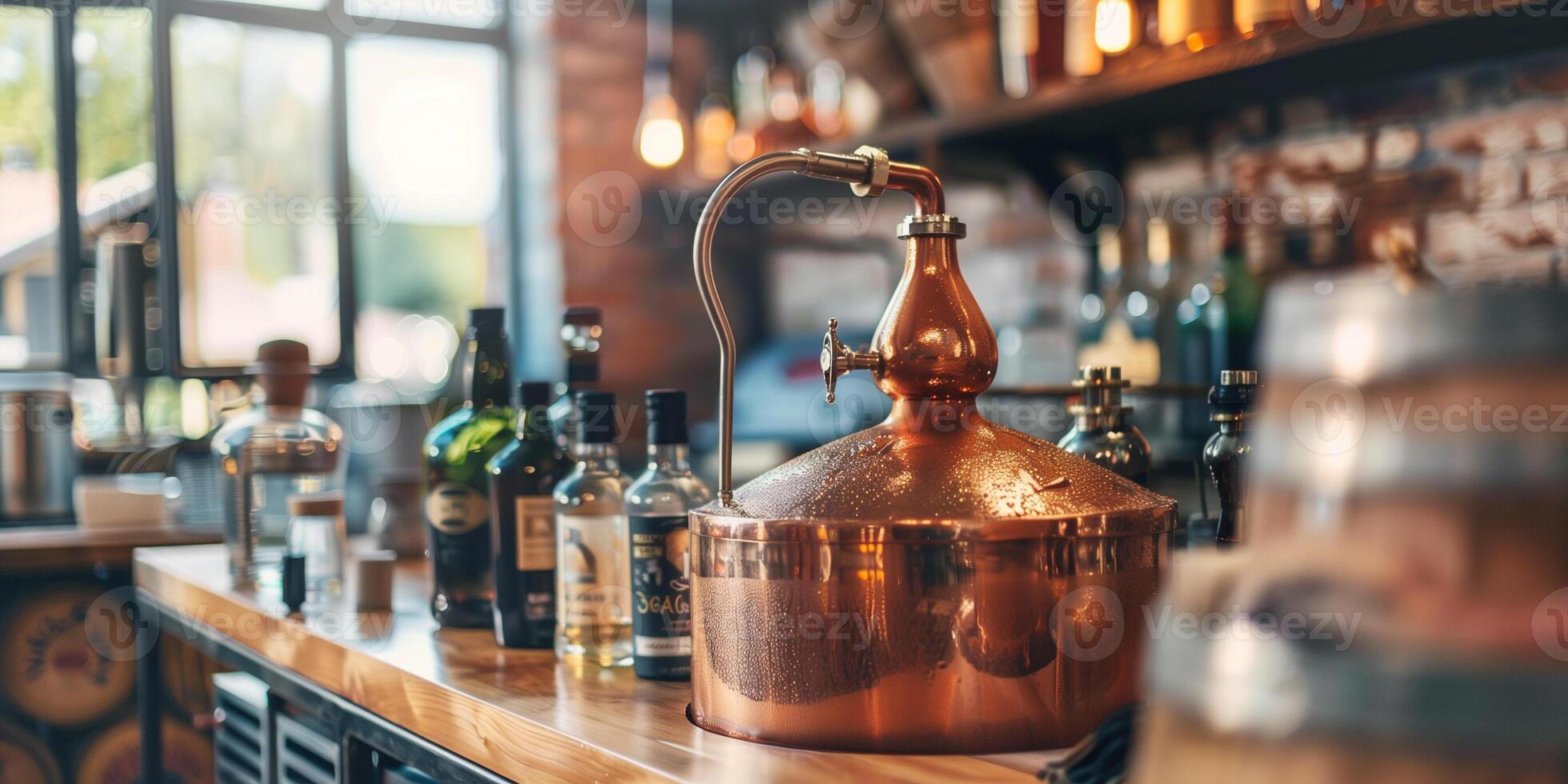 Copper pot still in a craft distillery, with bottles of distilled spirits nearby, gastronomy photography photo