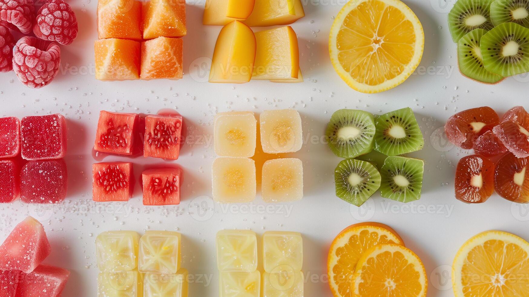Different fruit chew pieces displayed in a grid pattern on a white surface, each piece showing a distinct color, gastronomy photography photo