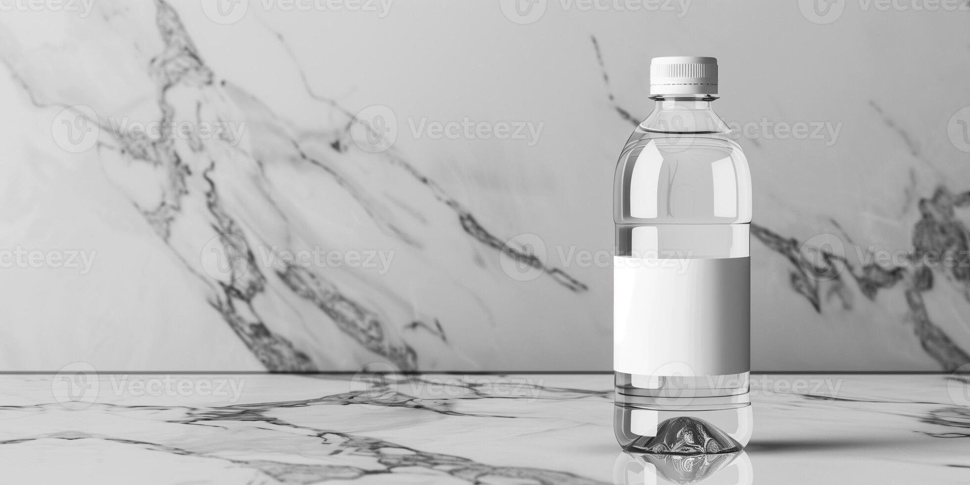 Electrolyte drink bottle with a clear label, placed on a marble counter, photorealistic food photo