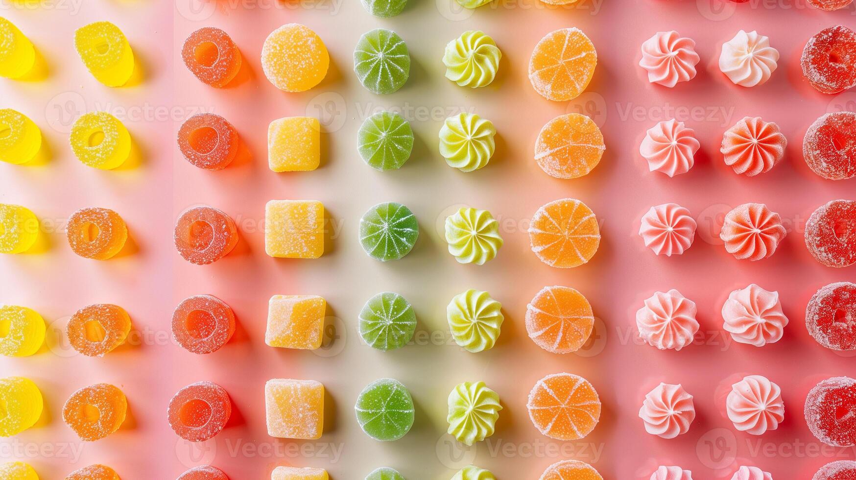 Different chewy candy pieces displayed in a symmetrical pattern on a plain background, showing various colors, gastronomy photography photo