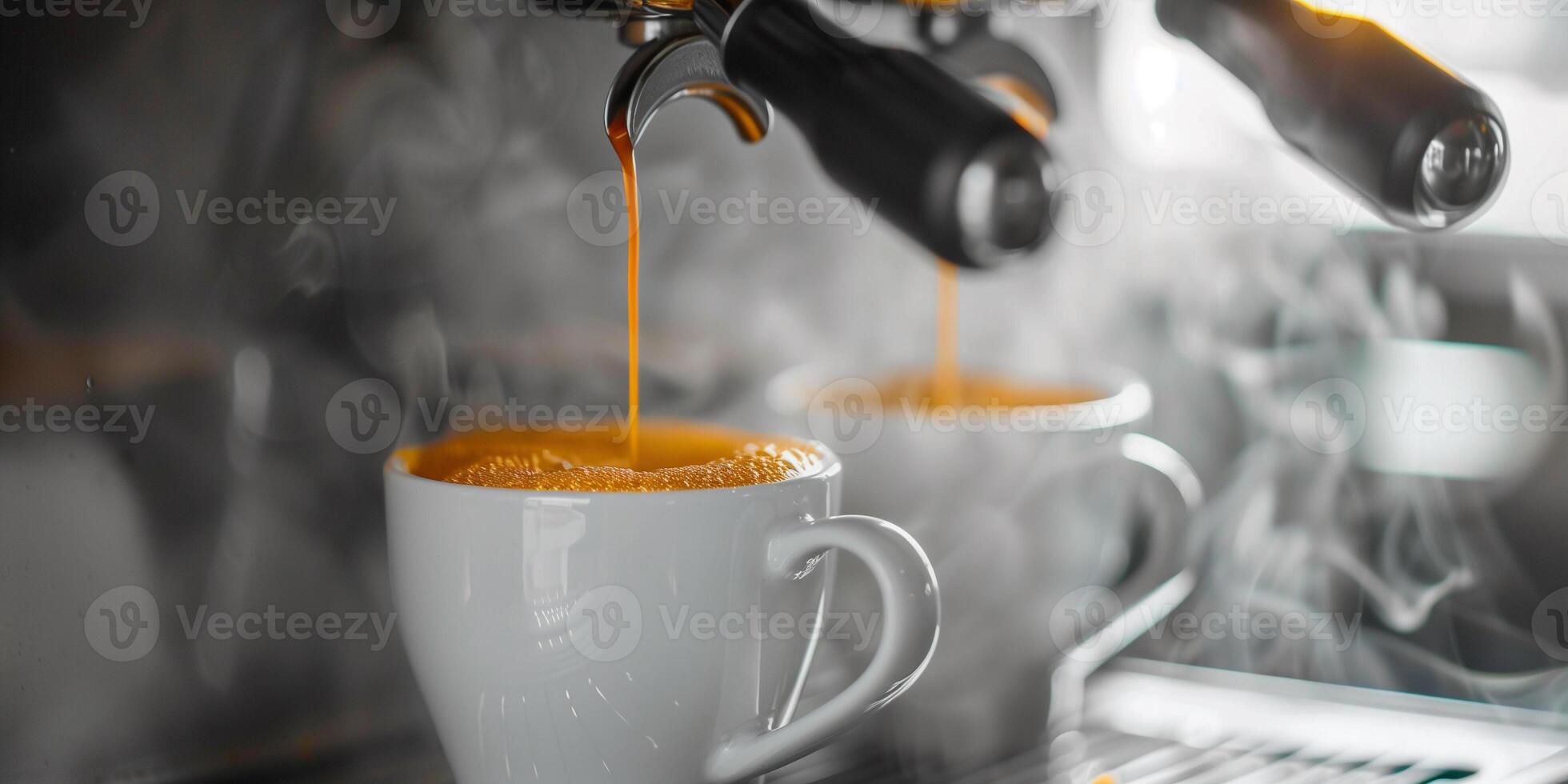 Espresso machine pouring a shot of espresso into a white cup with steam rising, photorealistic food photo