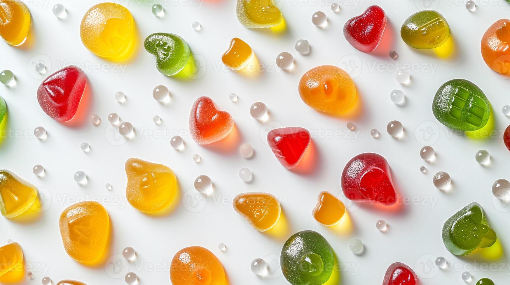 Gummy candies of multiple colors and forms dispersed loosely on a white background, photorealistic food photo
