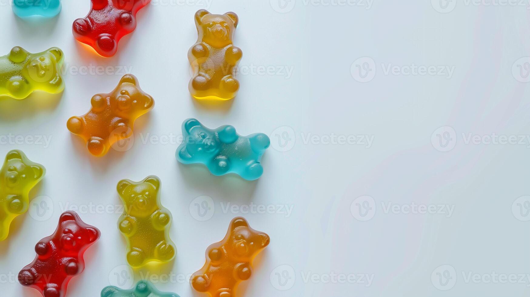 Gummy bears in multiple colors arranged loosely on a white surface, gastronomy photography photo