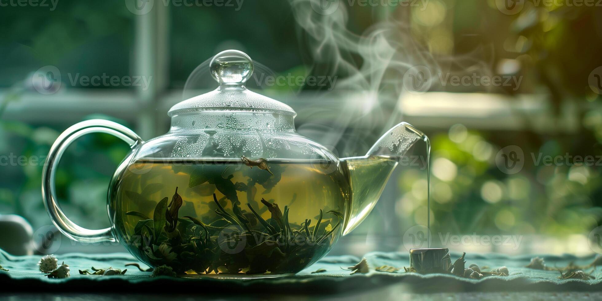 Herbal tea leaves steeping in hot water within a transparent glass teapot, gastronomy photography photo