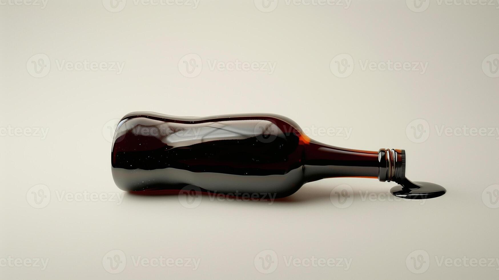 Bottle of chocolate syrup lies horizontally, with its cap visible on the right side, meal photography photo