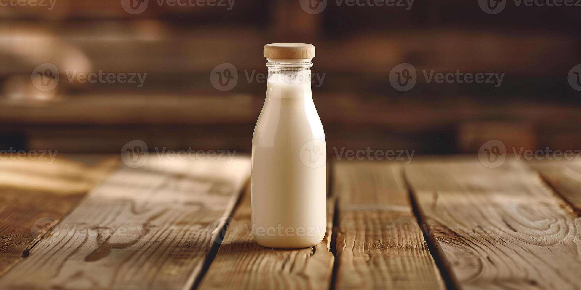 Bottle of kefir with a screw cap and nutritional label, resting on a wooden table, food setting photo