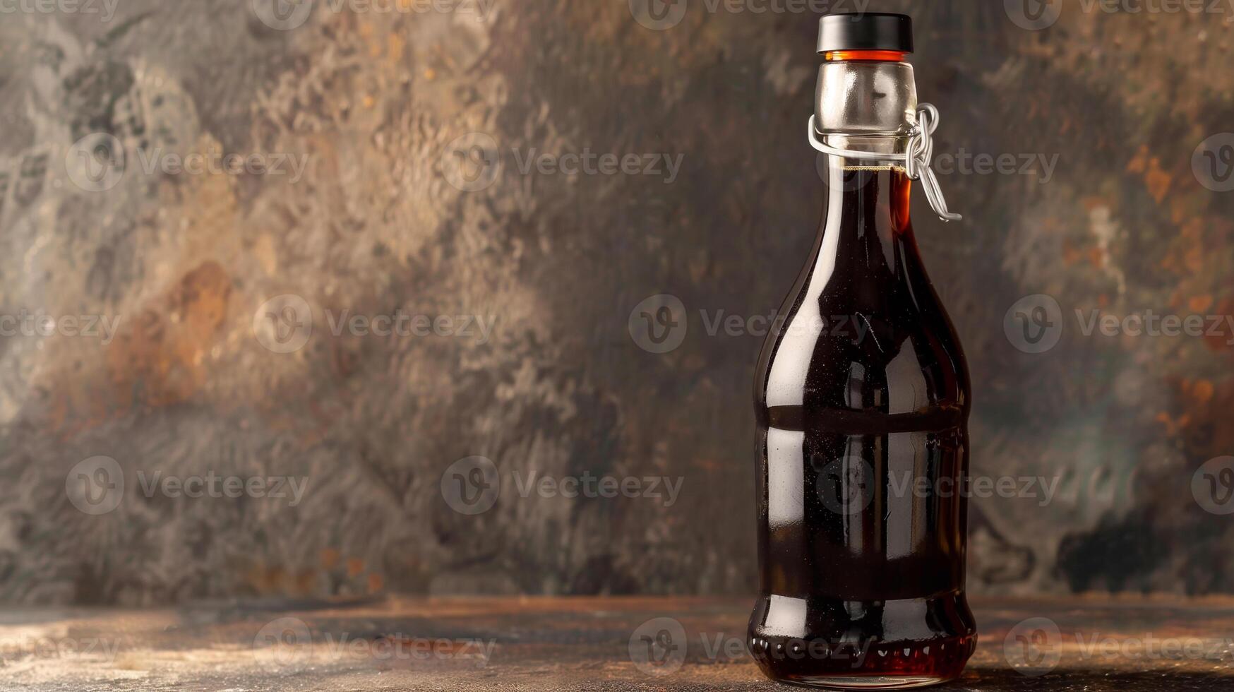 Bottle of dark brown liquid is displayed upright, containing a chocolate syrup, food setting photo