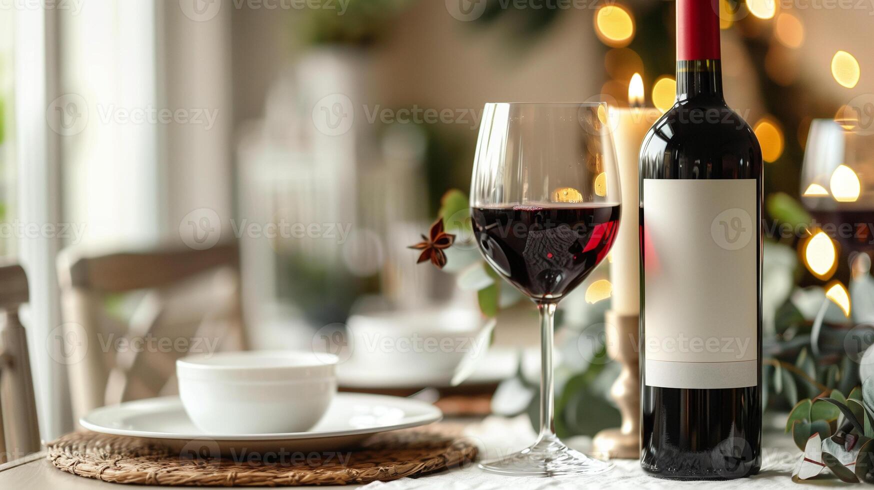 Bottle of red wine with a filled glass set near a cluster of grapes and leaves, food setting photo