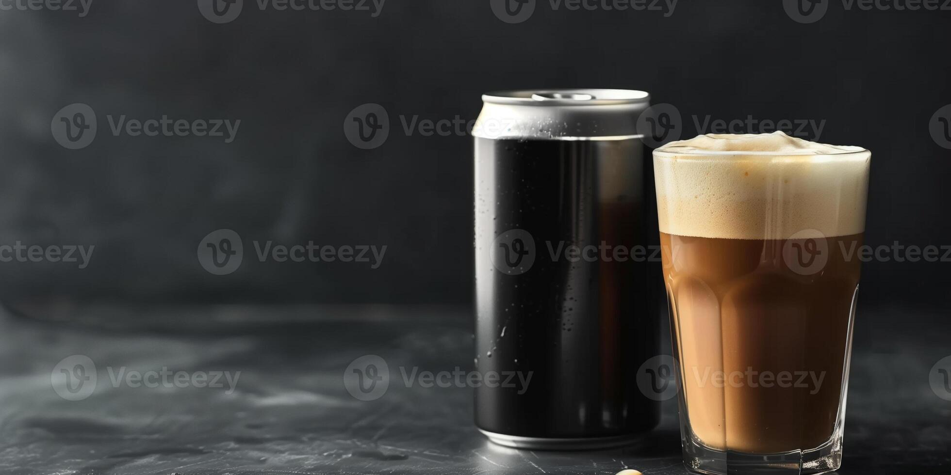 Can of nitro coffee beside a glass filled with the beverage on a dark surface, meal photography photo