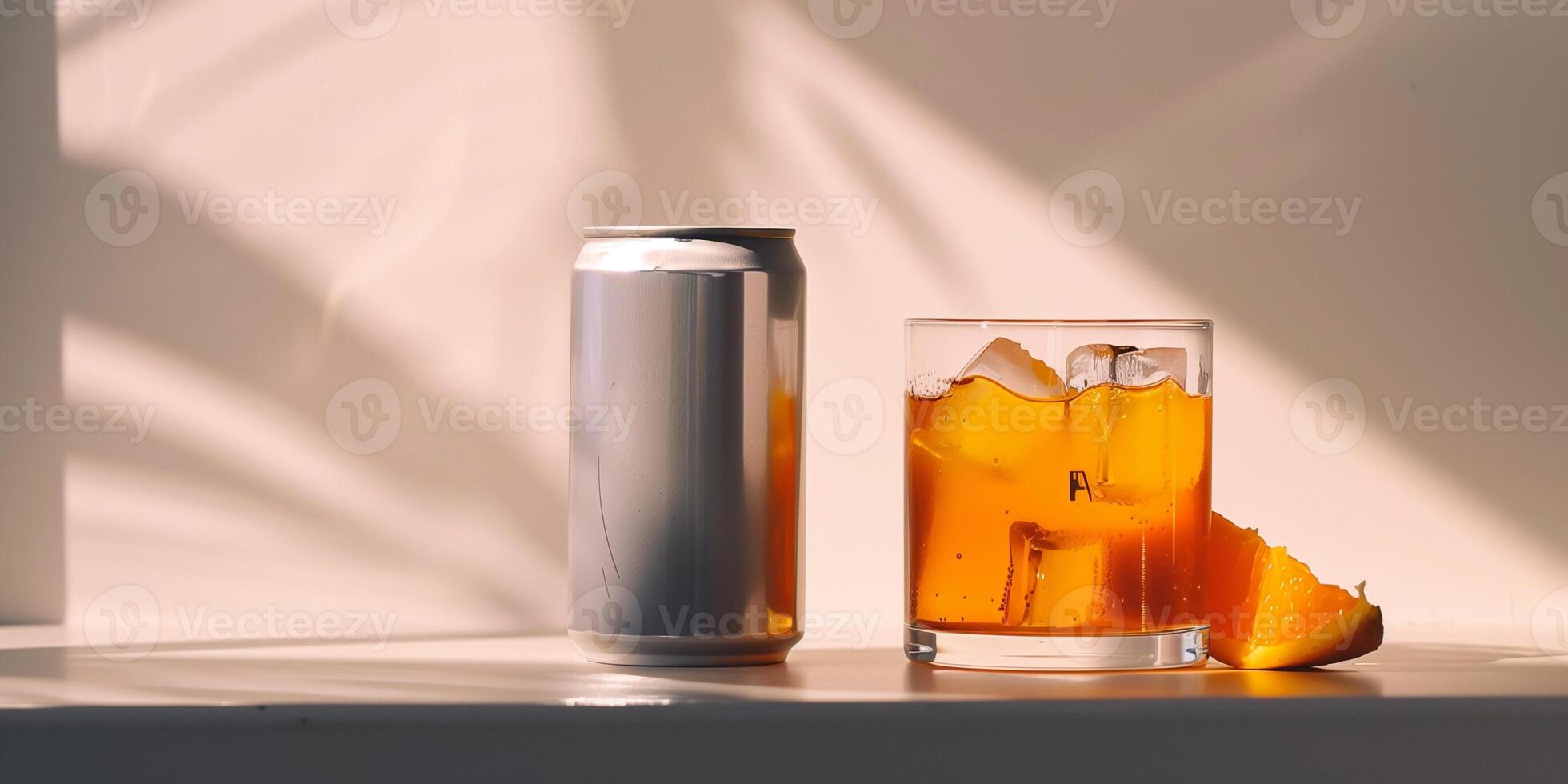Can with minimalist branding next to a filled glass containing an orange liquid and ice, meal photography photo