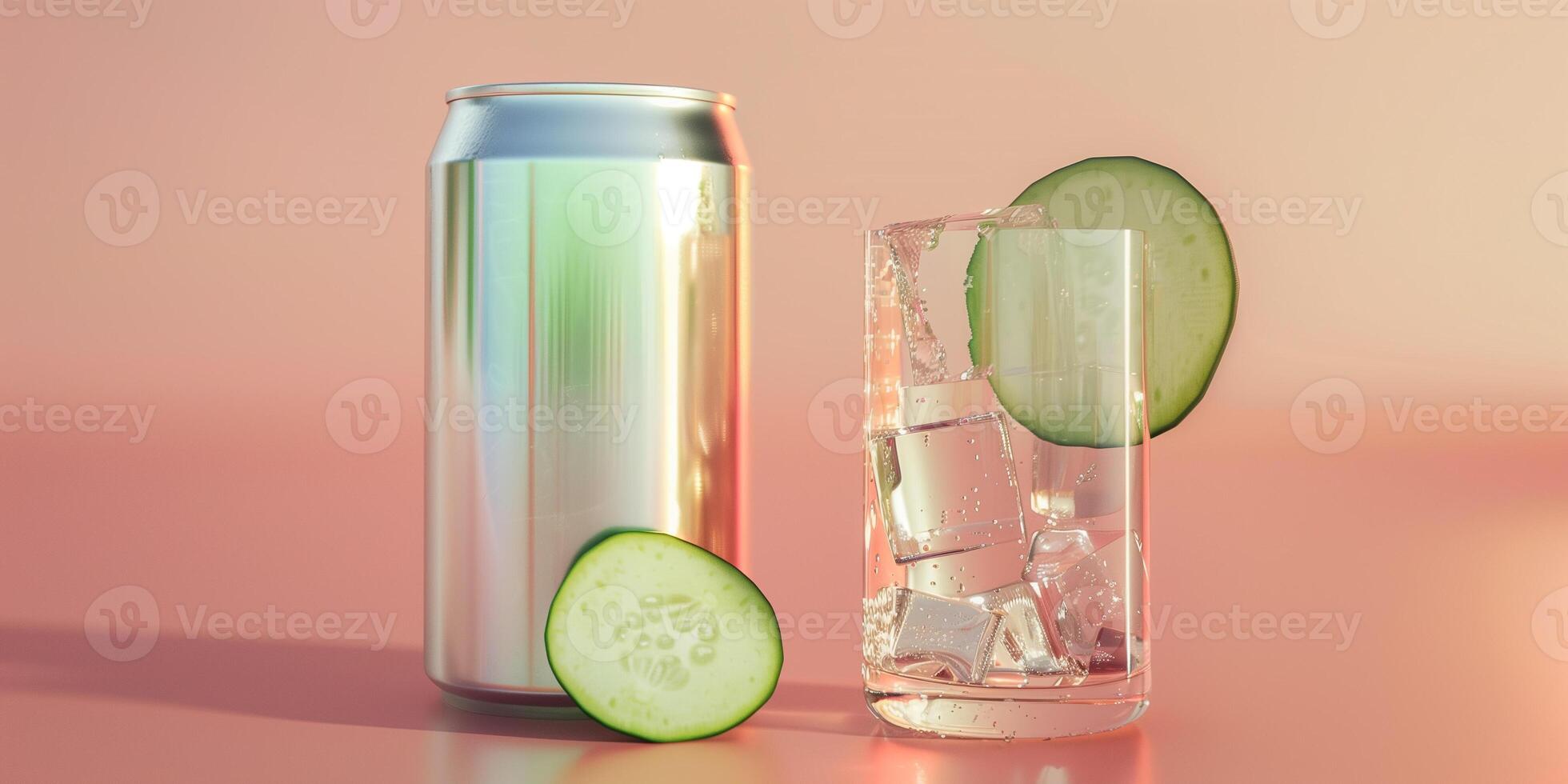Can with a metallic finish next to a glass of clear liquid with a cucumber slice, food setting photo