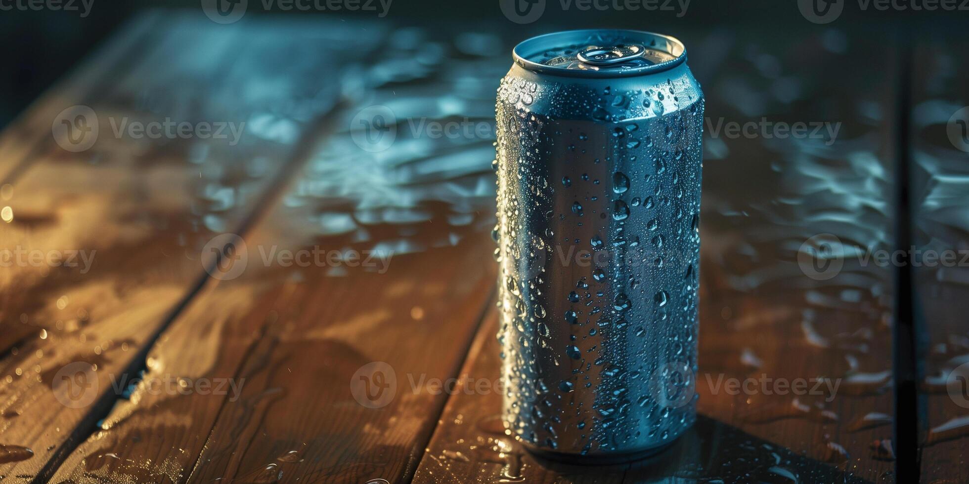 Can of sparkling water, unopened, with water droplets on its surface, on a wooden table, food setting photo