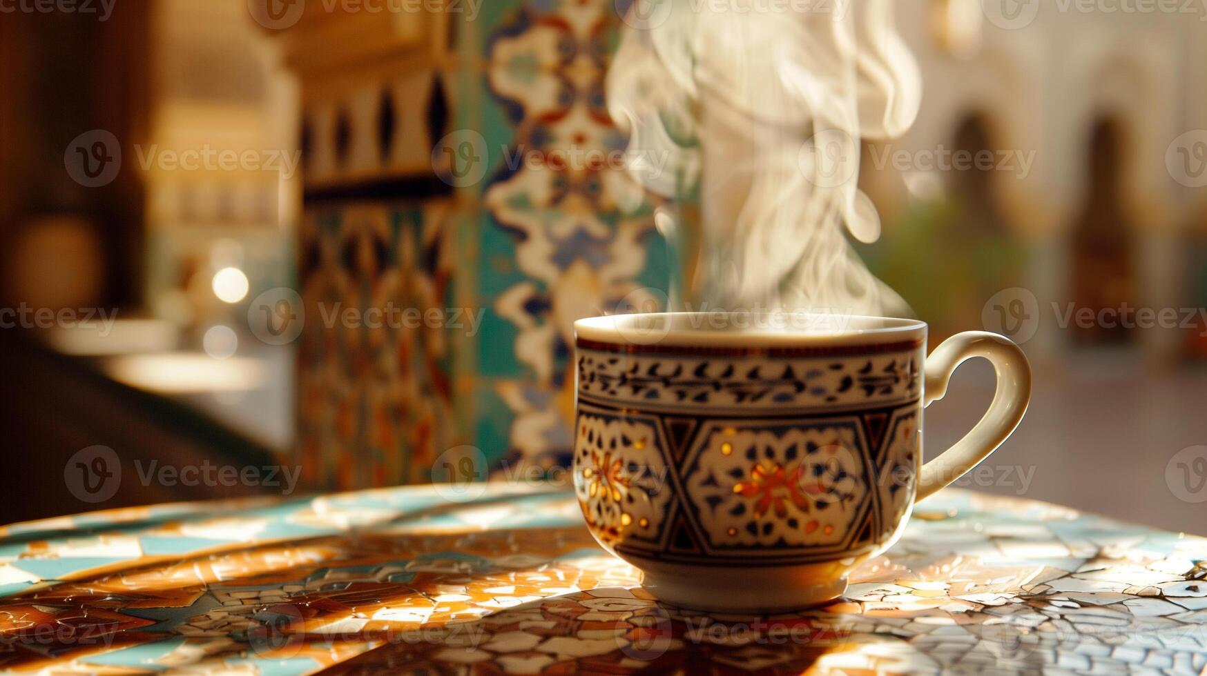 Steaming hot beverage in a ceramic cup, surrounded by a traditional setting, food setting photo