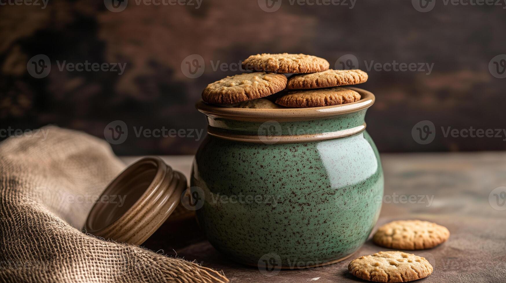 Ceramic jar filled with cookies, with the lid placed on the side, meal photography photo