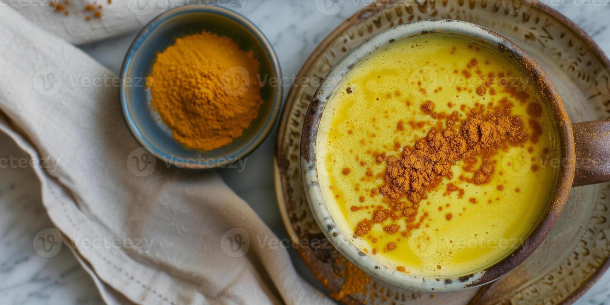 Ceramic cup filled with turmeric latte next to small bowl of ground turmeric, meal photography photo