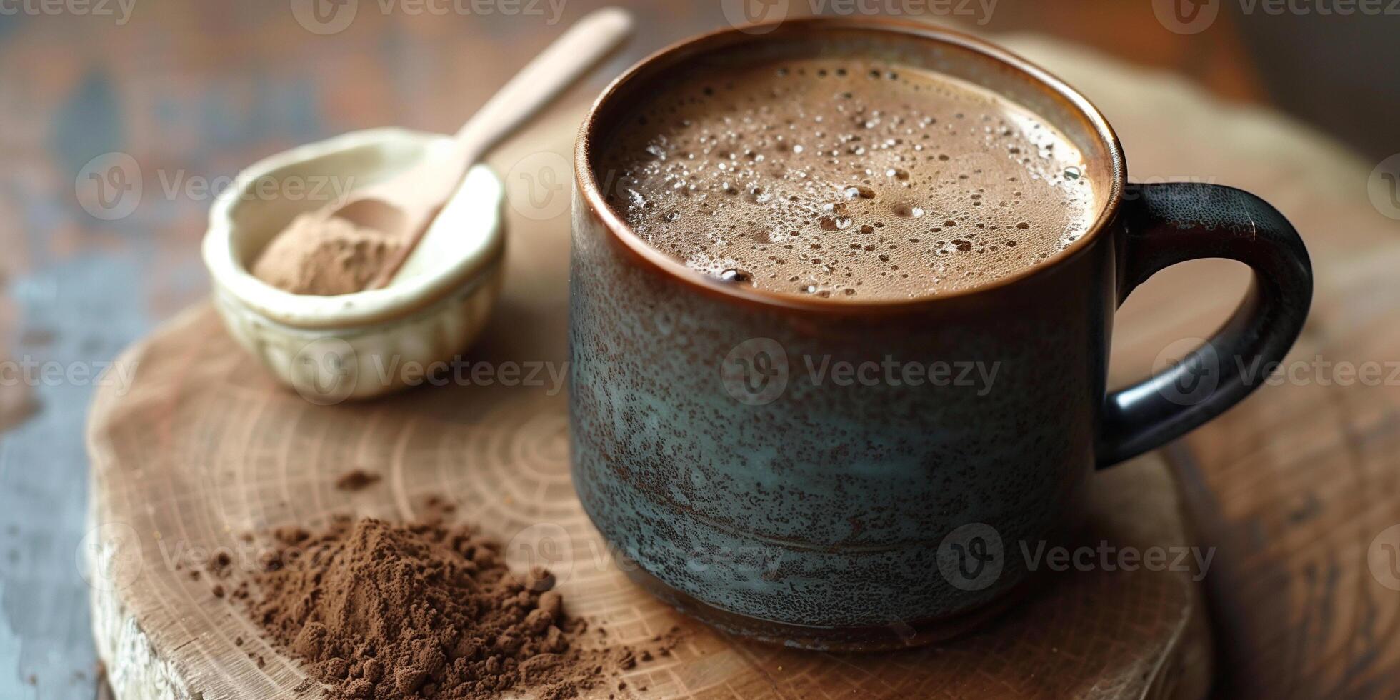 Ceramic mug with mushroom coffee and small scoop of mushroom powder on the side, meal photography photo