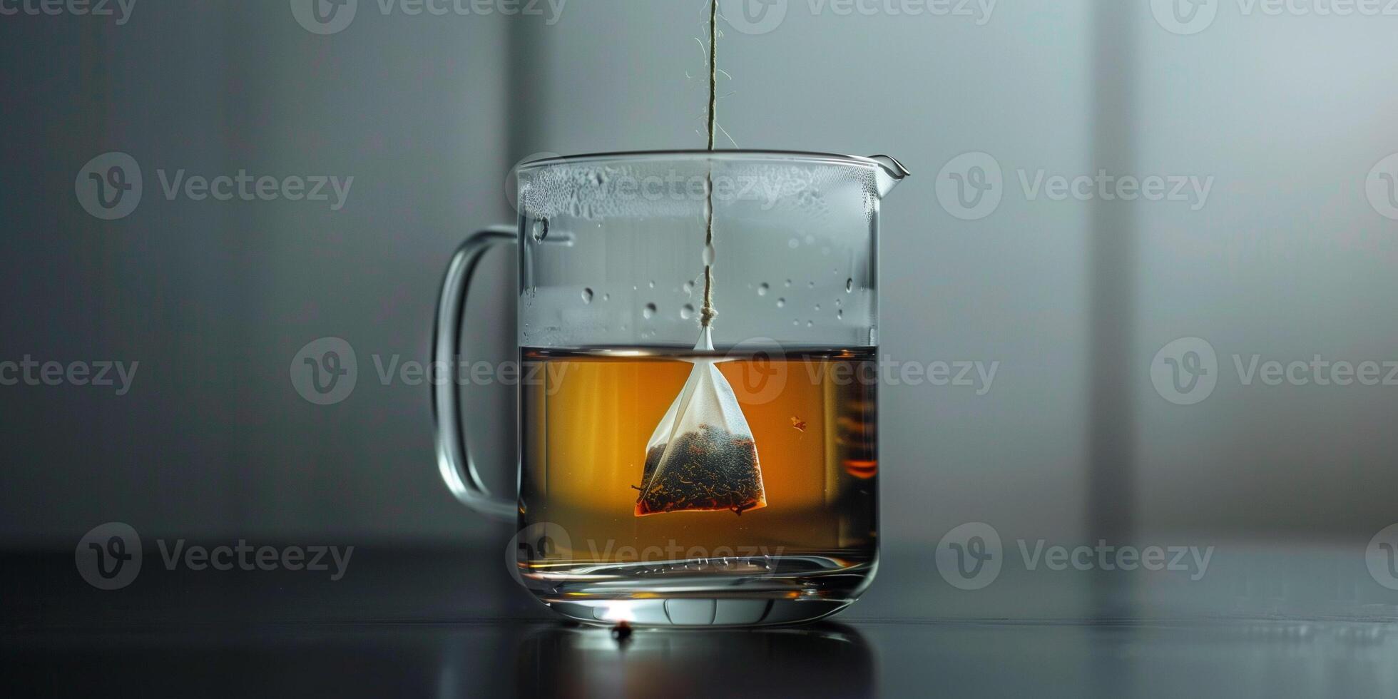 Chai tea teabag submerged in a glass cup of water with the string hanging over the side, food setting photo