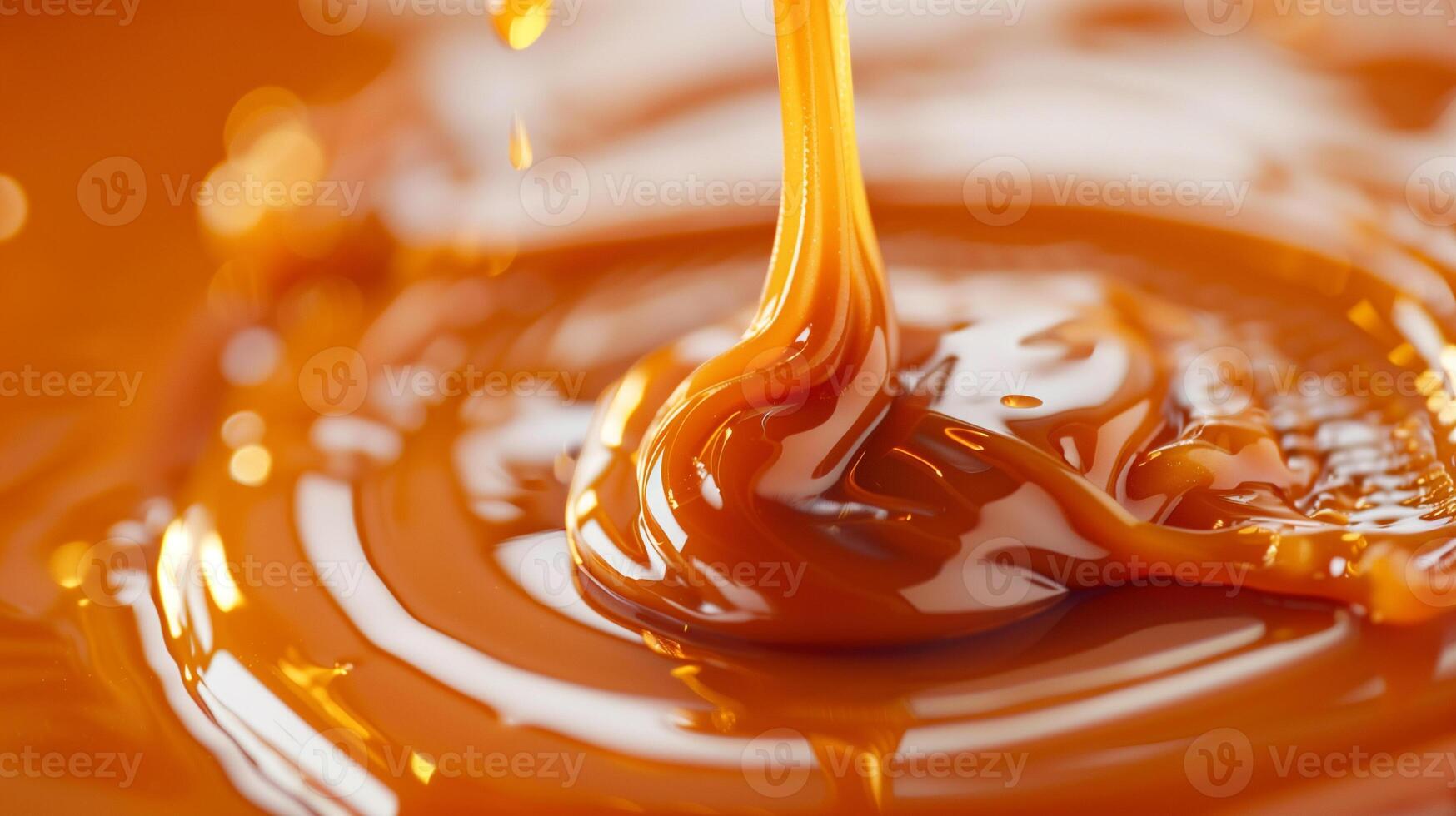 Close-up view of caramel sauce being drizzled onto a flat surface, meal photography photo