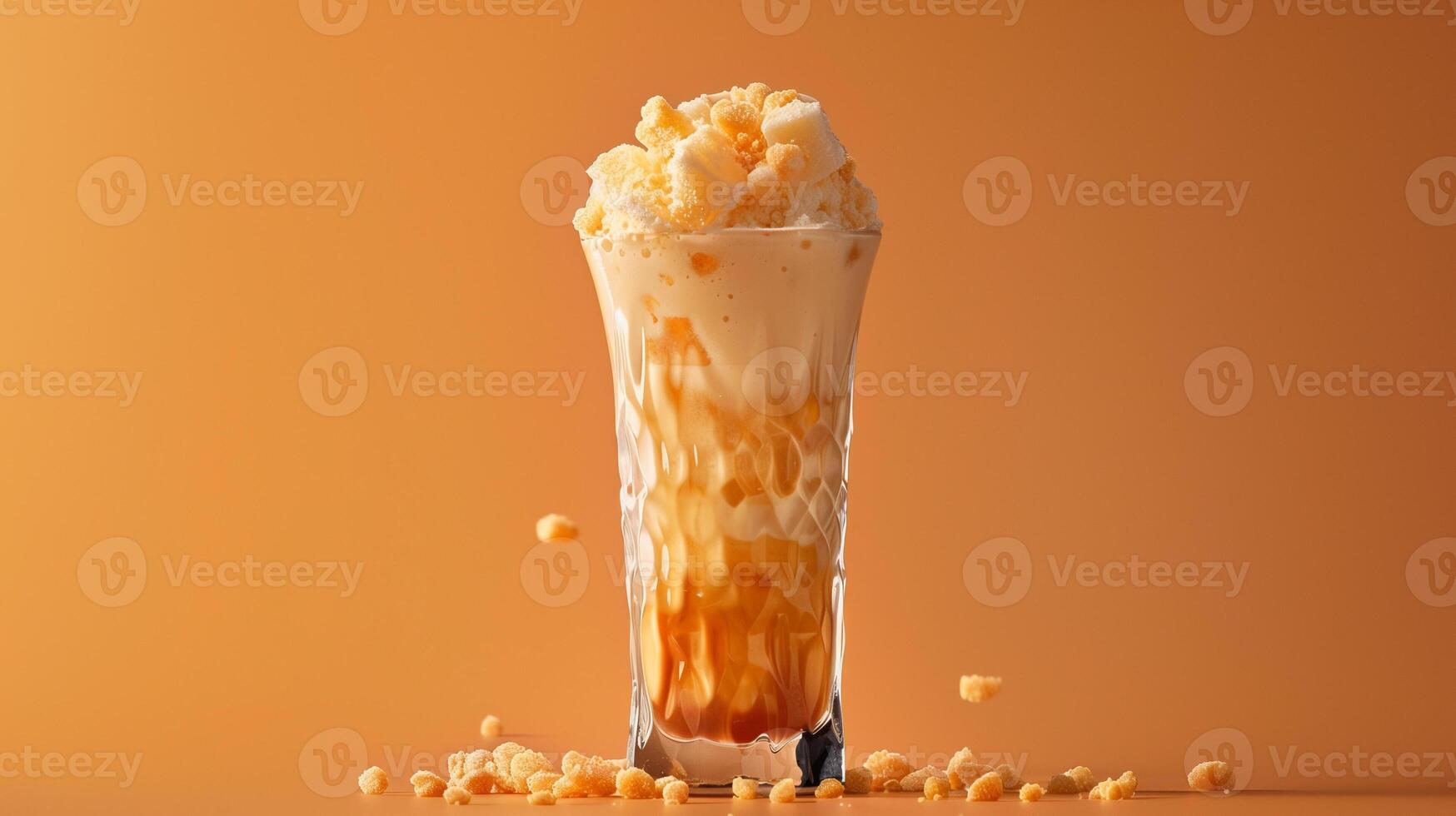 Cold beverage in a tall glass, containing crushed nougat pieces, meal photography photo