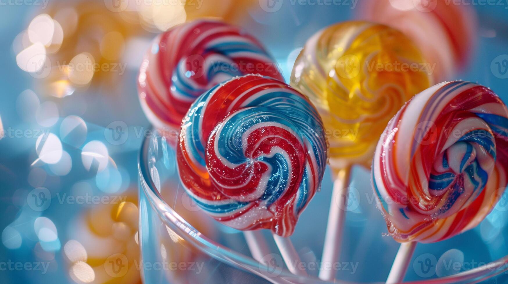 Close-up of lollipops with swirled designs in a transparent glass container, food setting photo