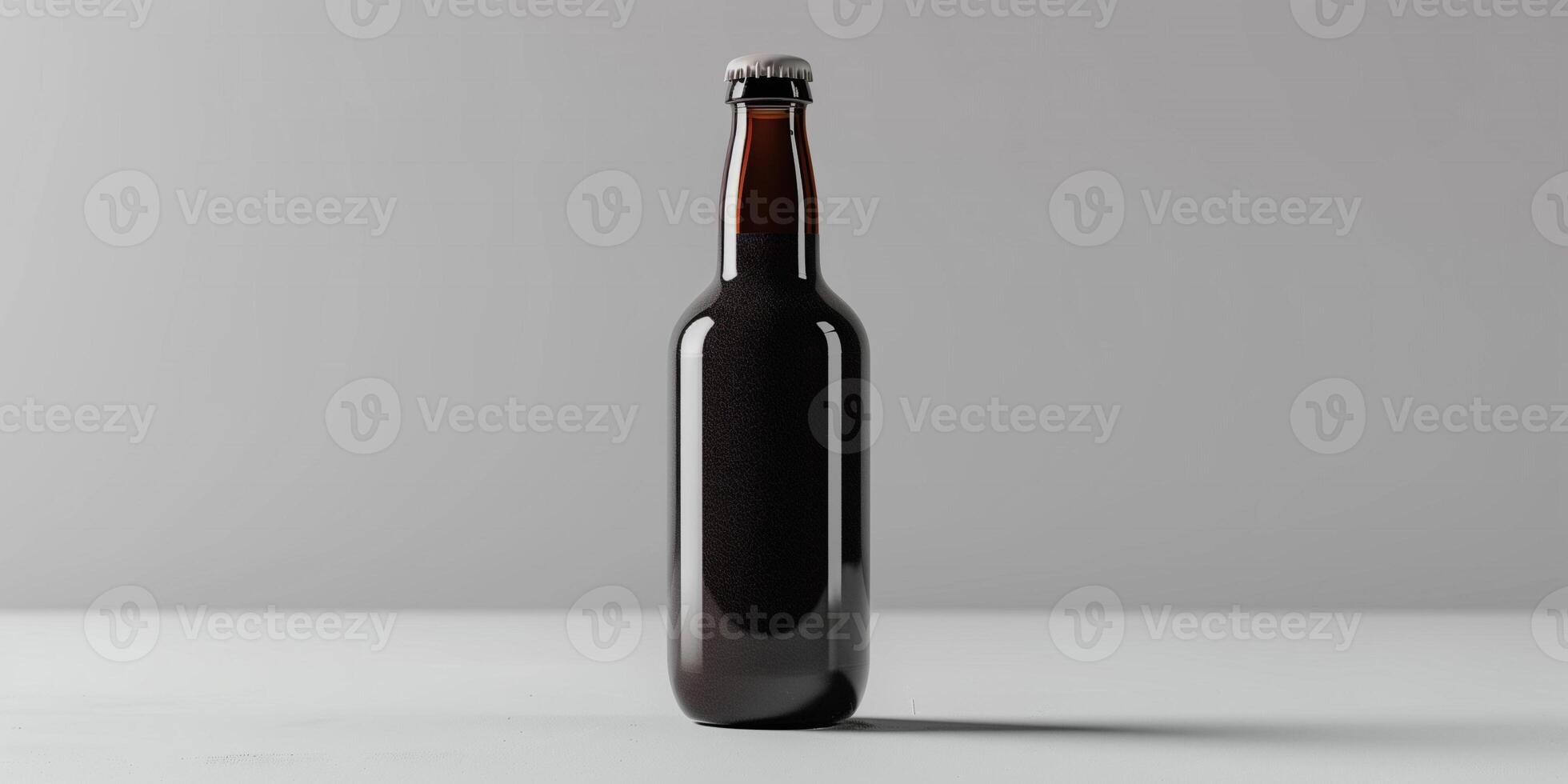 Dark brown kombucha bottle with a simple label, placed on a gray background, food setting photo