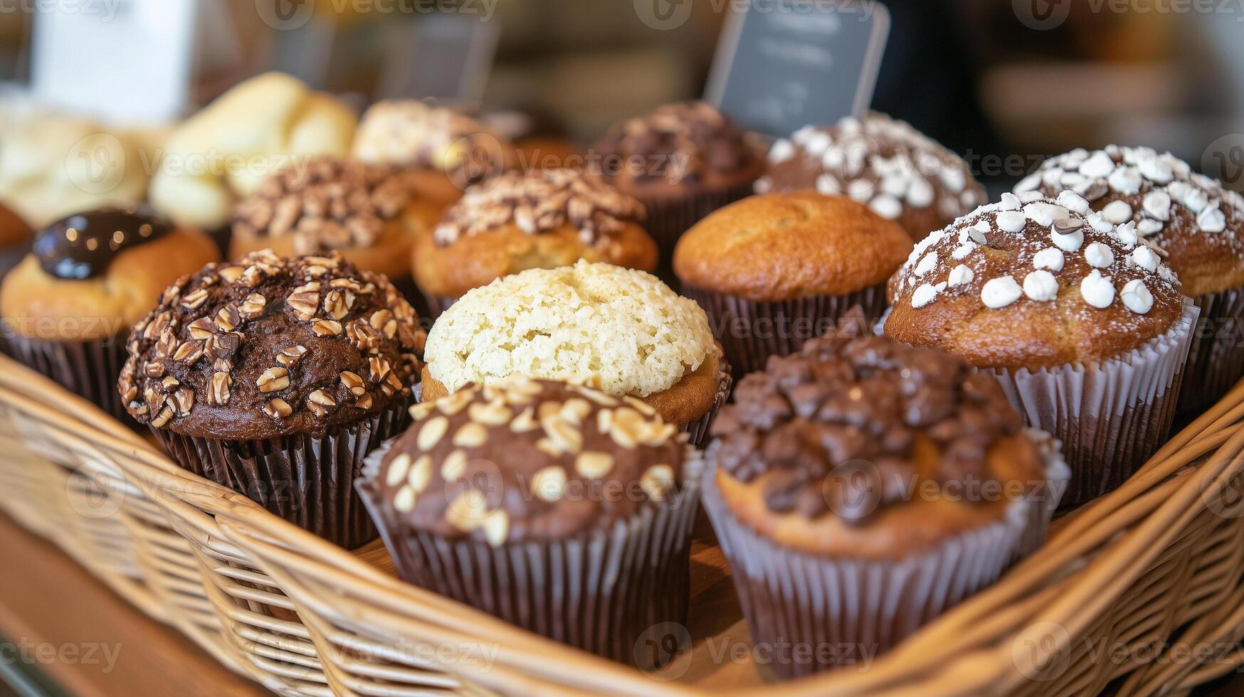 Display of assorted muffins in a basket, each with a distinct, rounded top, meal photography photo