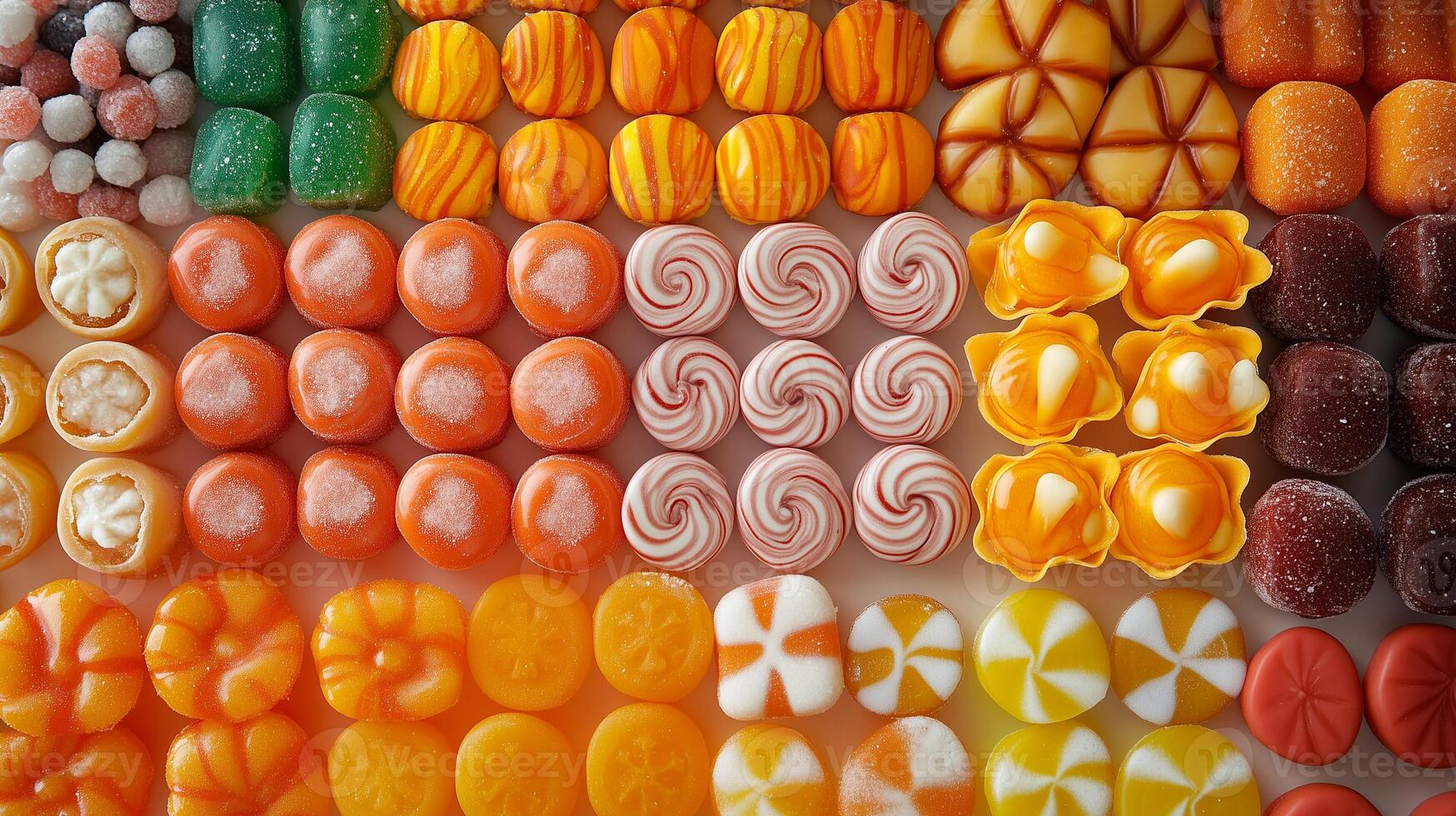Display of Halloween candies featuring caramels, lollipops, and hard candies, neatly arranged, meal photography photo