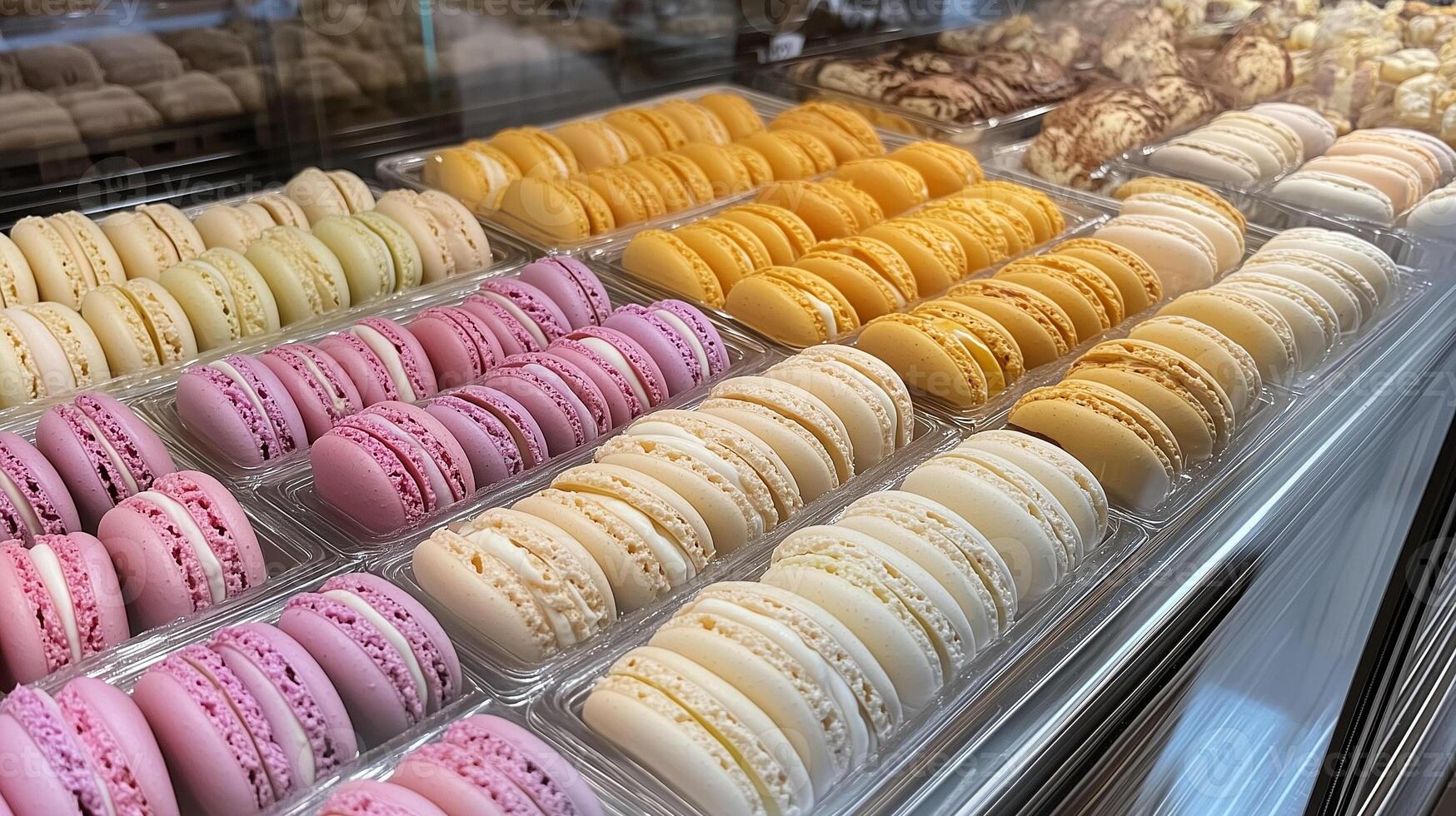 Display of macarons in a glass case, with different flavors and colors visible, meal photography photo