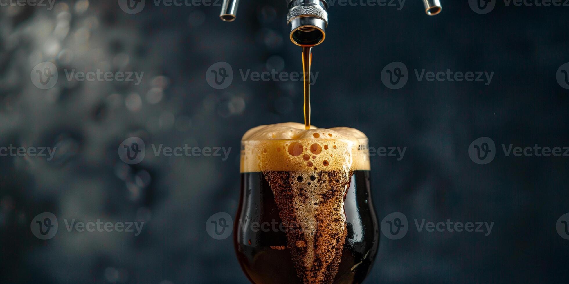 Draft beer tap pouring stout into a glass with a thick, foamy head, food setting photo