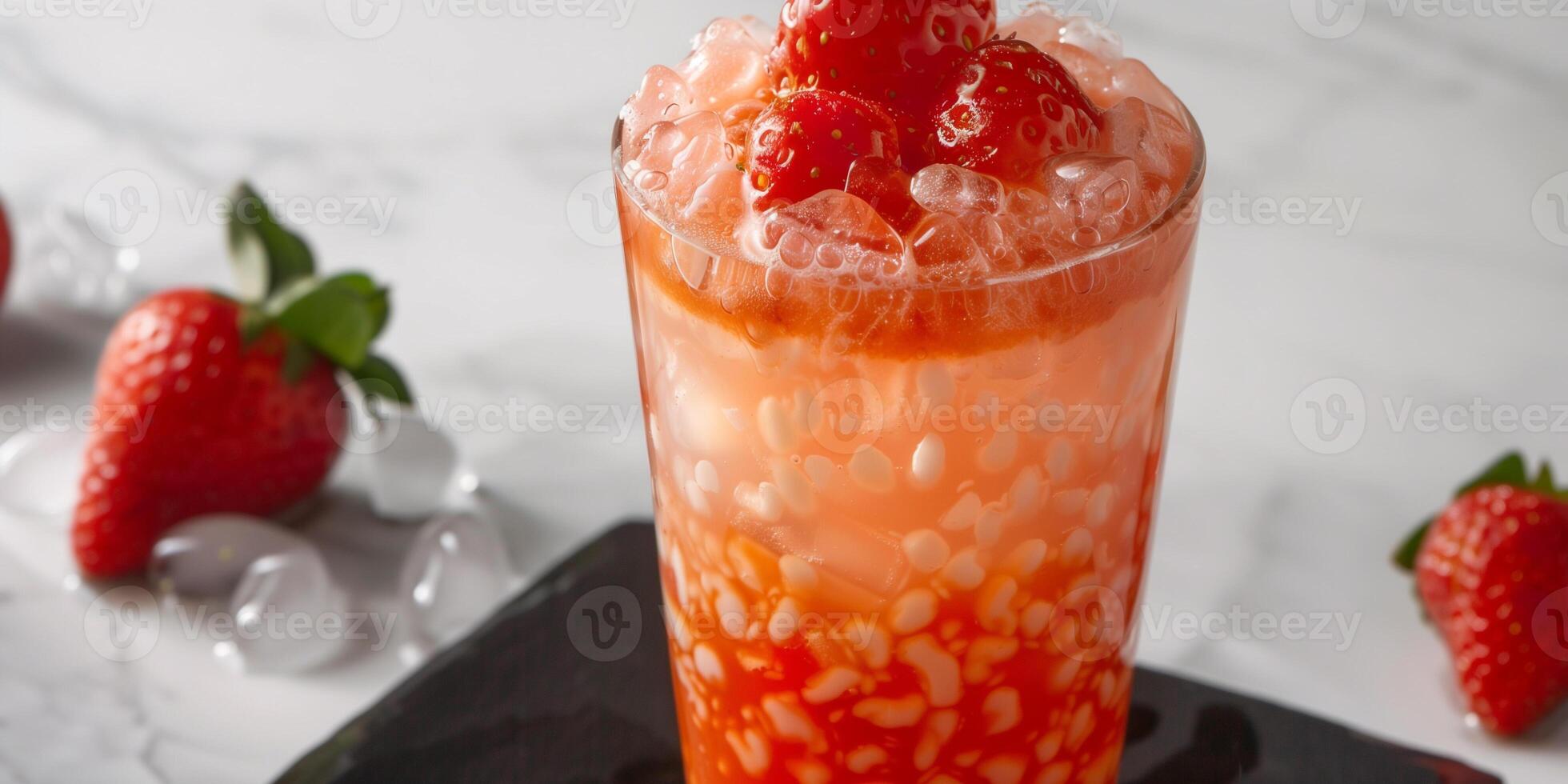 Glass filled with strawberry-flavored liquid, ice, and white tapioca pearls at the bottom, food setting photo