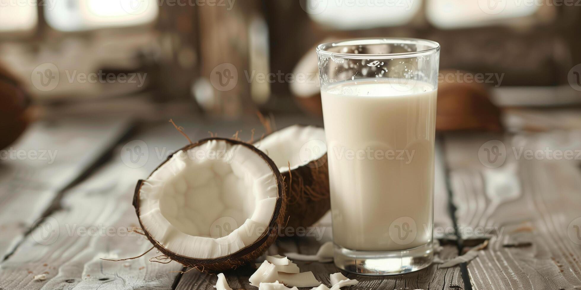 Glass of coconut milk on a wooden table next to a cracked coconut half, meal photography photo