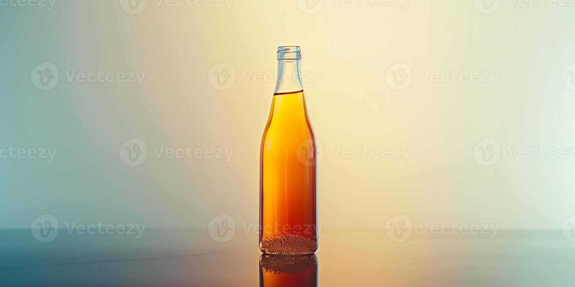 Kombucha bottle with visible fermentation sediment at the bottom, standing on a reflective surface, meal photography photo