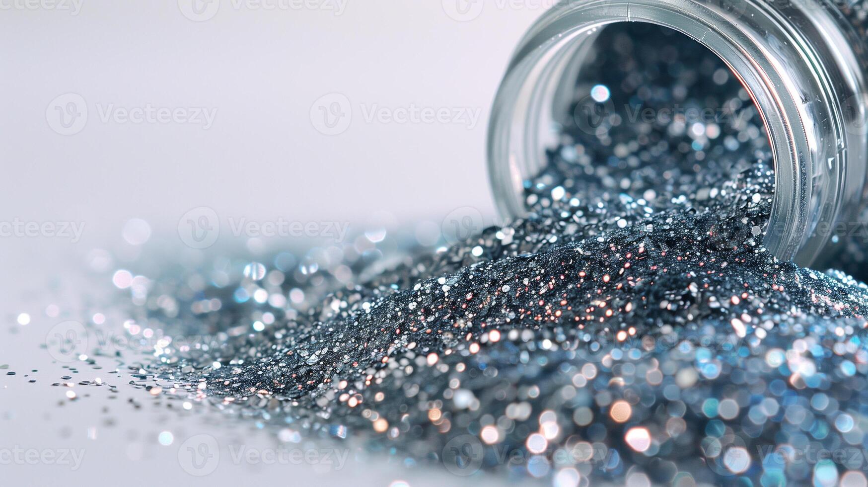 Jar tipped over, spilling silver edible glitter onto light-colored surface, food setting photo