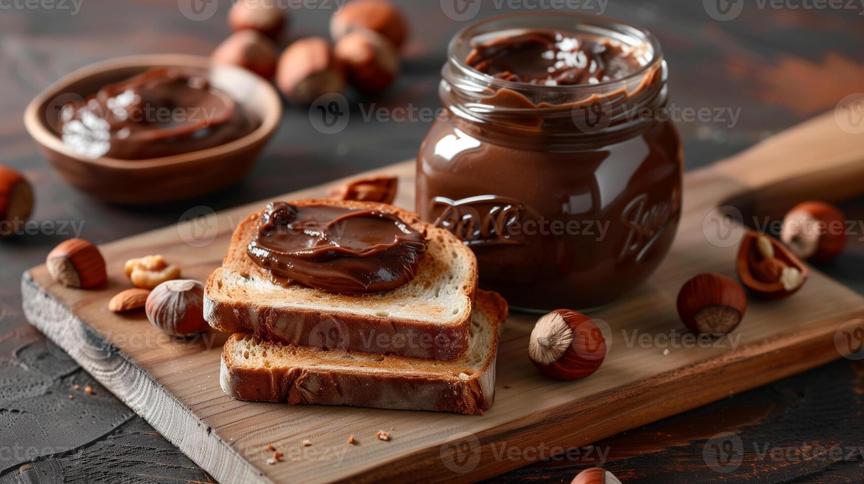Jar of hazelnut spread with portion spread on toast on cutting board, meal photography photo