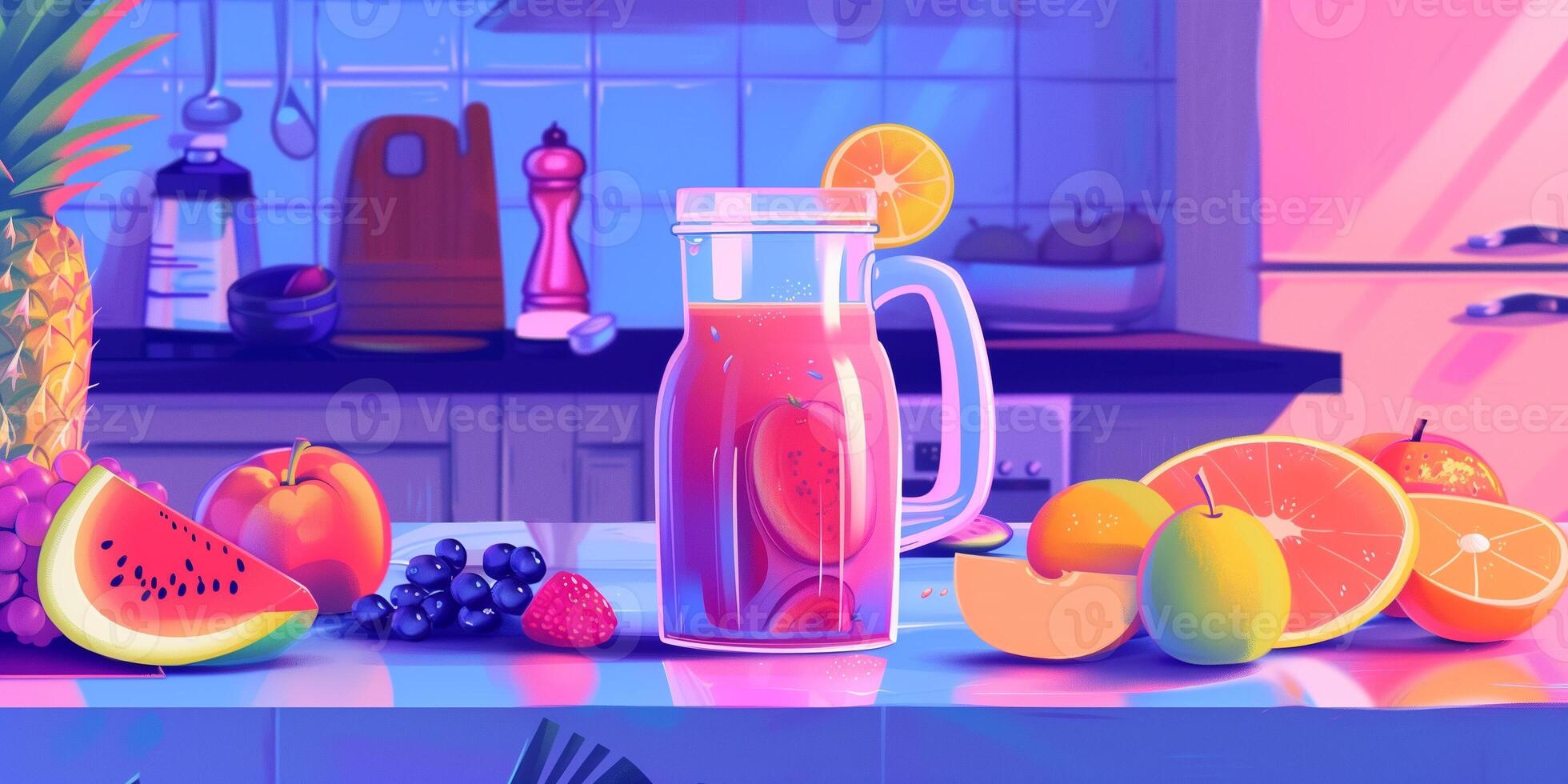 Jug of cold-pressed mixed fruit juice on a kitchen counter, with various fruits displayed around, meal photography photo