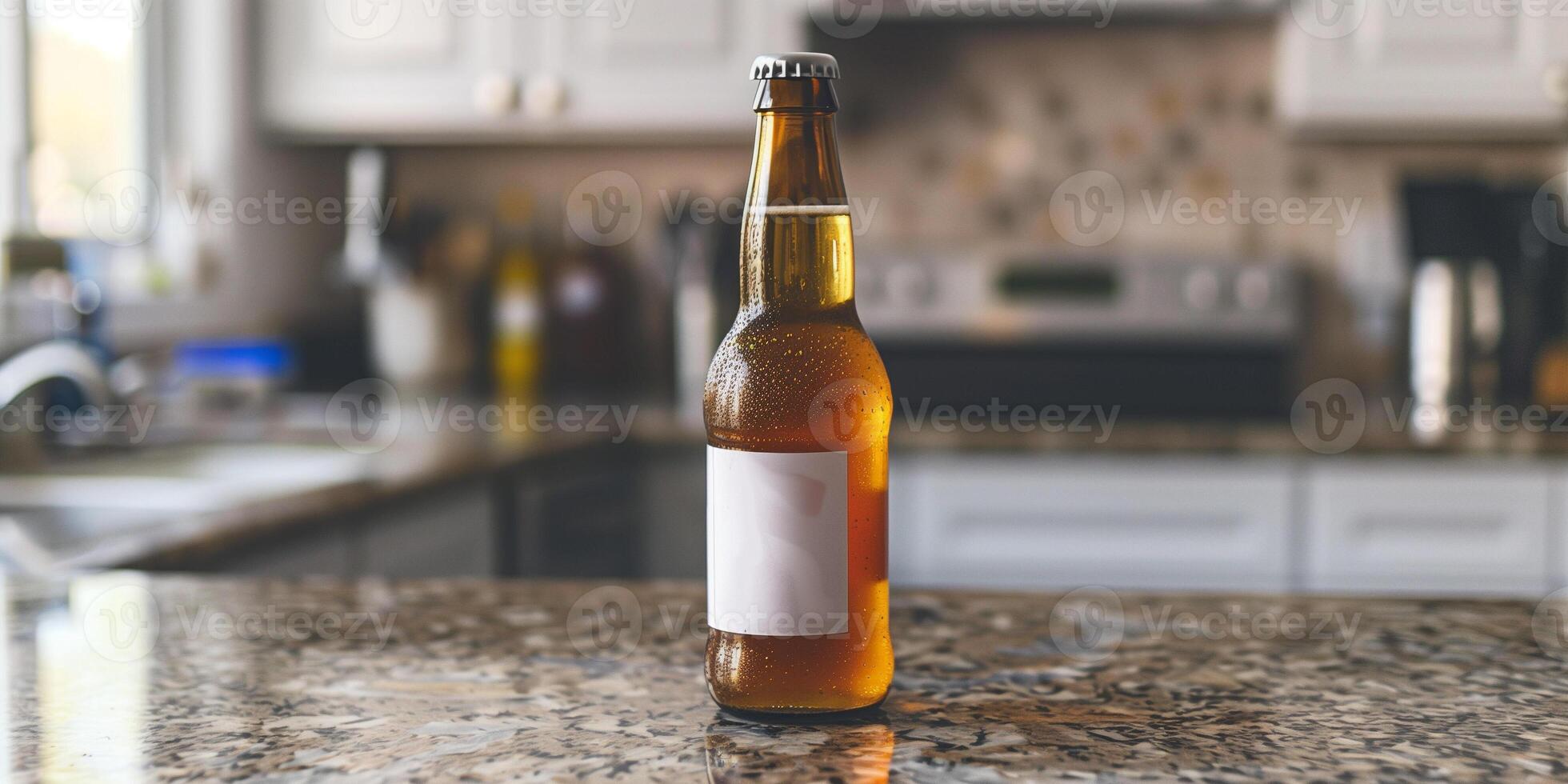Lager beer bottle with a plain label, placed on a granite countertop, meal photography photo