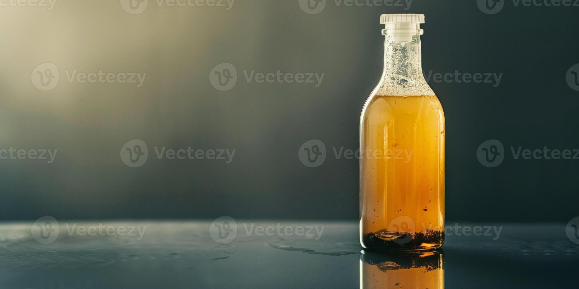 Kombucha bottle with visible fermentation sediment at the bottom, standing on a reflective surface, food setting photo