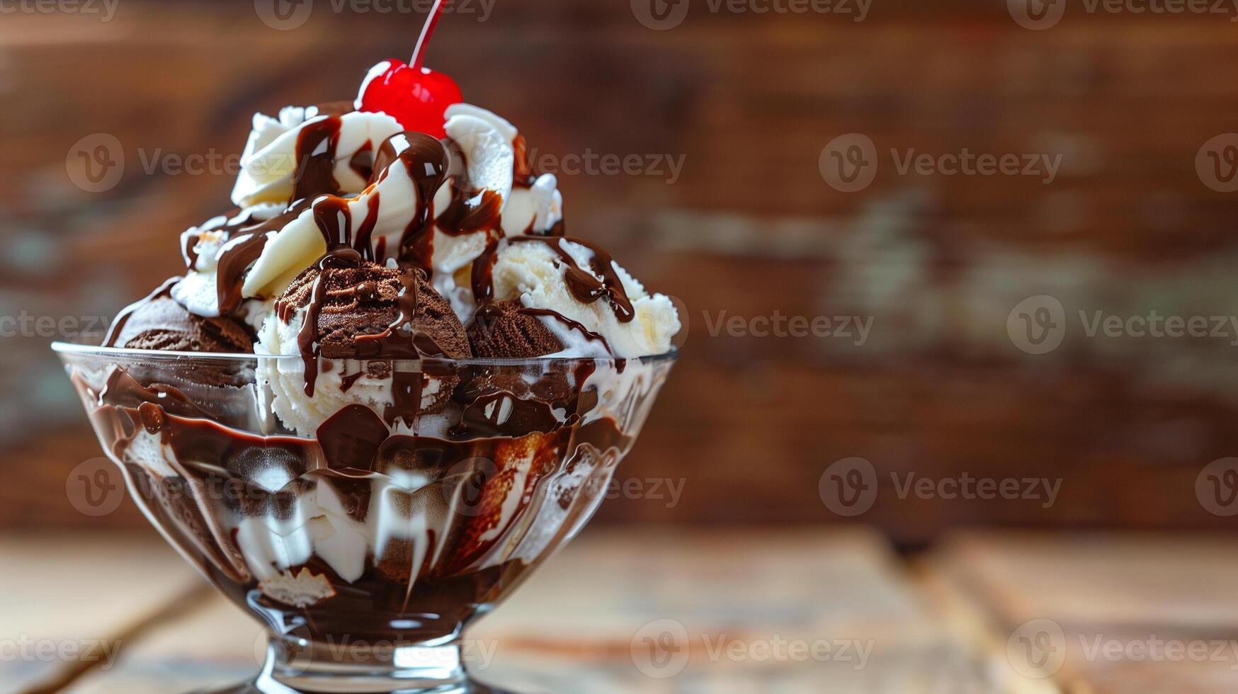 Large ice cream sundae with chocolate sauce and a cherry on top, food setting photo