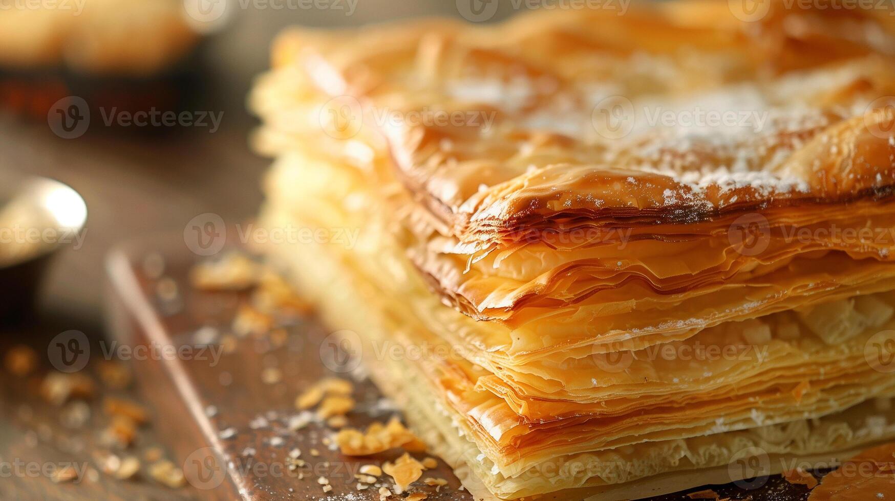 Layered puff pastry with a golden-brown surface and a visible, airy structure, food setting photo