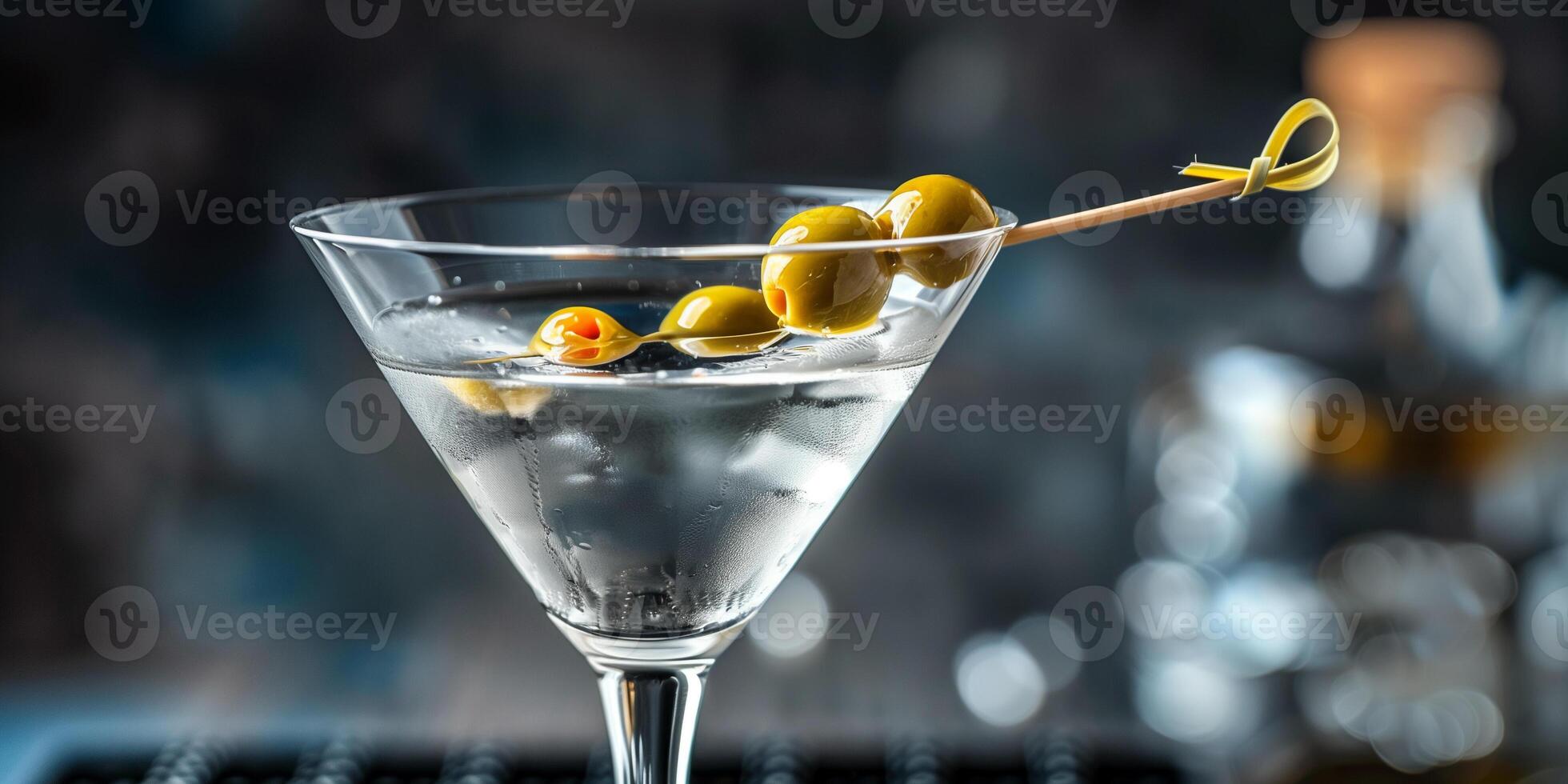 Martini glass with clear liquid and an olive on a toothpick on the rim, meal photography photo