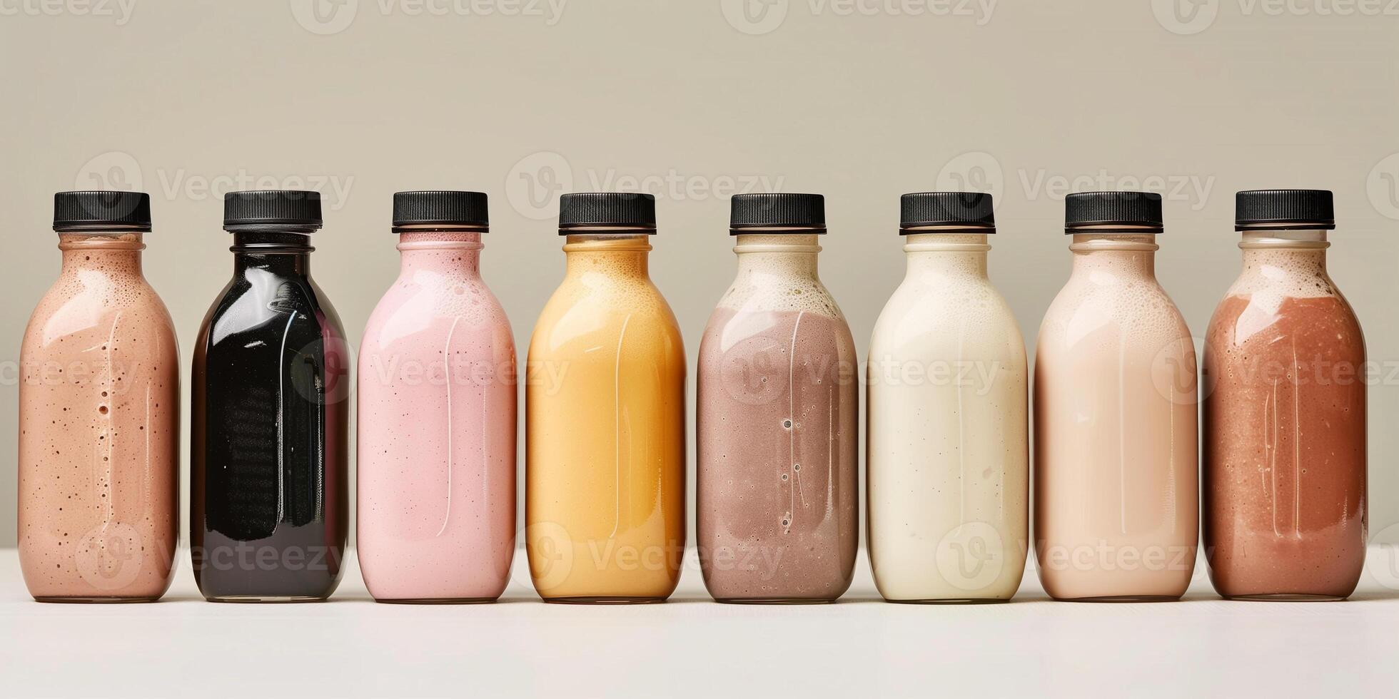 Row of meal replacement shake bottles, each displaying different nutritional content and flavor, meal photography photo